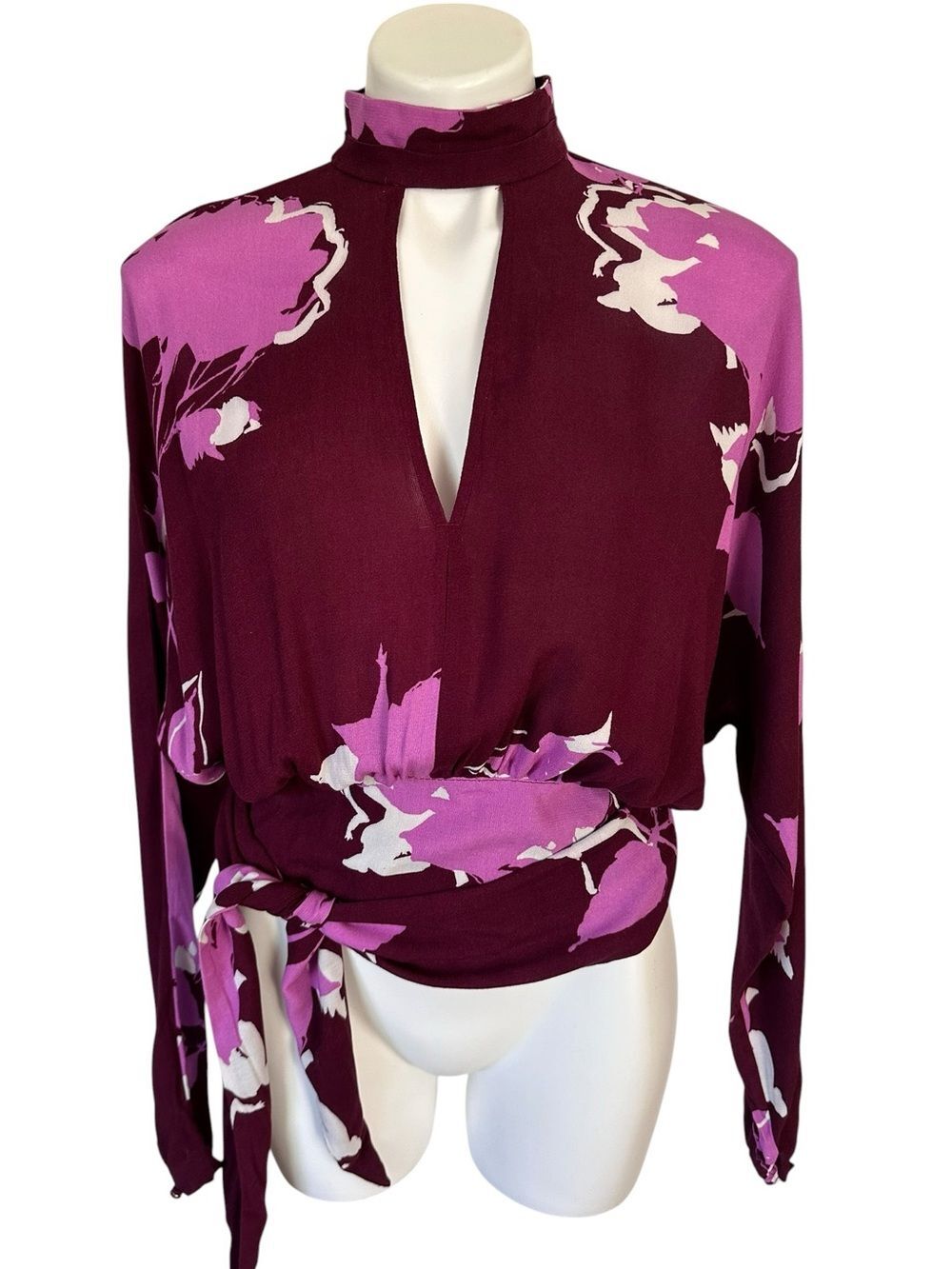 Free People Say You Love Me Plum Floral High Neck Keyhole Blouse Size XS